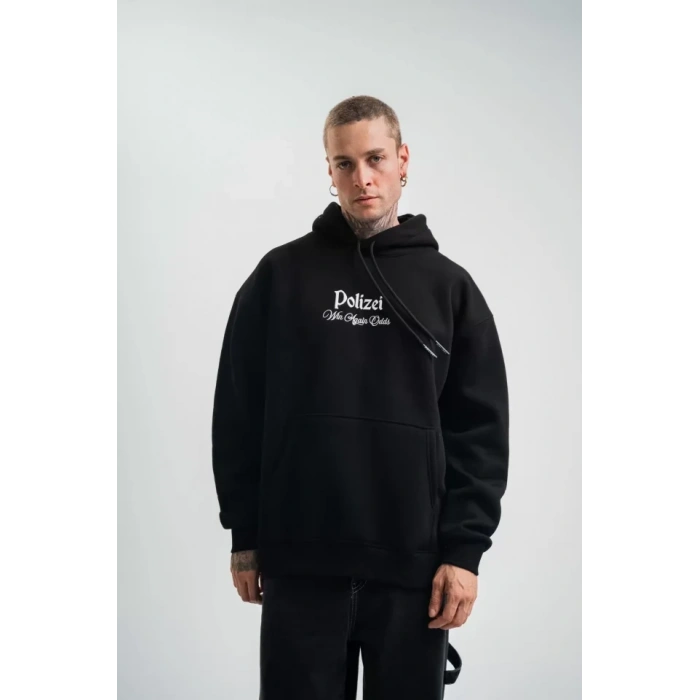 Biçomi POLIZEI Premium Kalite Kapşonlu Dijital Patchli SweatShirt - Siyah