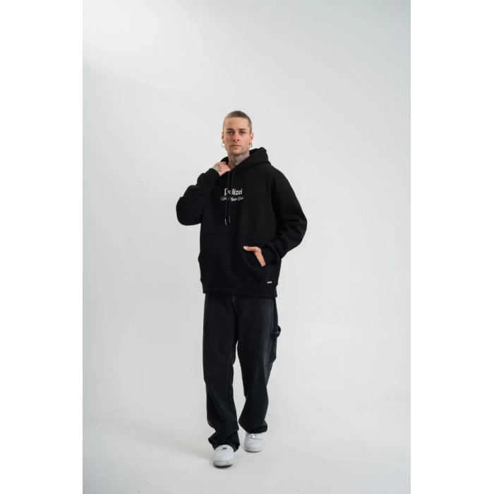 Biçomi POLIZEI Premium Kalite Kapşonlu Dijital Patchli SweatShirt - Siyah
