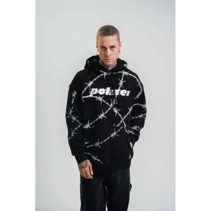 Biçomi POLIZEI Premium Kalite Kapşonlu Varak Ve Pano Baskılı SweatShirt - Siyah