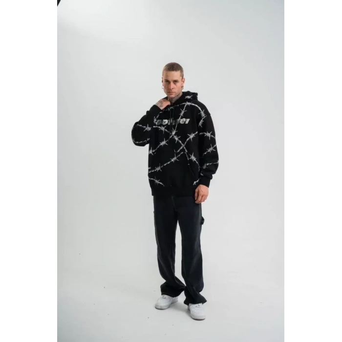 Biçomi POLIZEI Premium Kalite Kapşonlu Varak Ve Pano Baskılı SweatShirt - Siyah