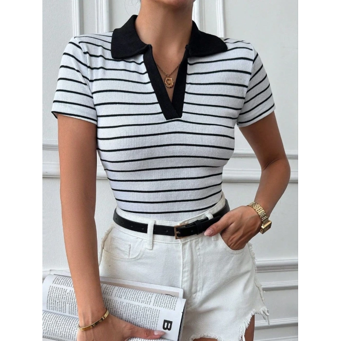 BİÇOMİ Polo yaka garnili bluz Beyazsiyah