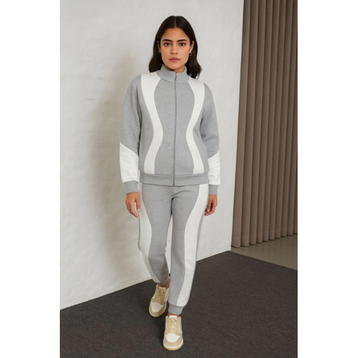 Biçomi Premium Parçalı Eşofman Takım - Dik Yaka Fermuarlı Sweatshirt - Gri