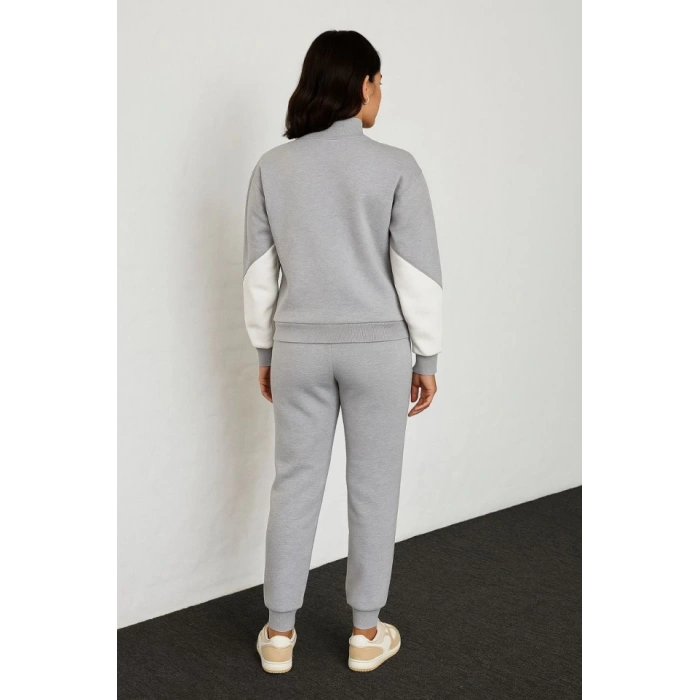 Biçomi Premium Parçalı Eşofman Takım - Dik Yaka Fermuarlı Sweatshirt - Gri