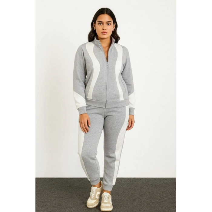 Biçomi Premium Parçalı Eşofman Takım - Dik Yaka Fermuarlı Sweatshirt - Gri
