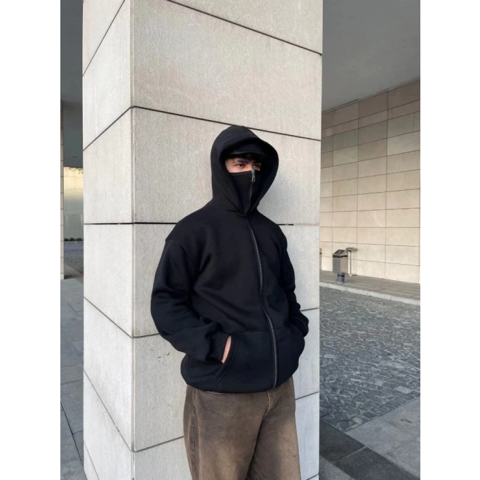 Biçomi Samuray Ninja Çift Kapşonlu ZIP Fermuarlı Kanguru Çepli Tam Fermuarlı Hoodie Swetshirt - Siyah