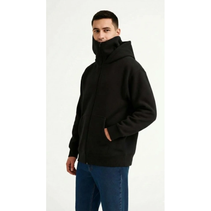 Biçomi Samuray Ninja Çift Kapüşonlu ZIP Fermuarlı Kanguru Cepli Tam Fermuarlı Hoodie Sweatshirt - Siyah