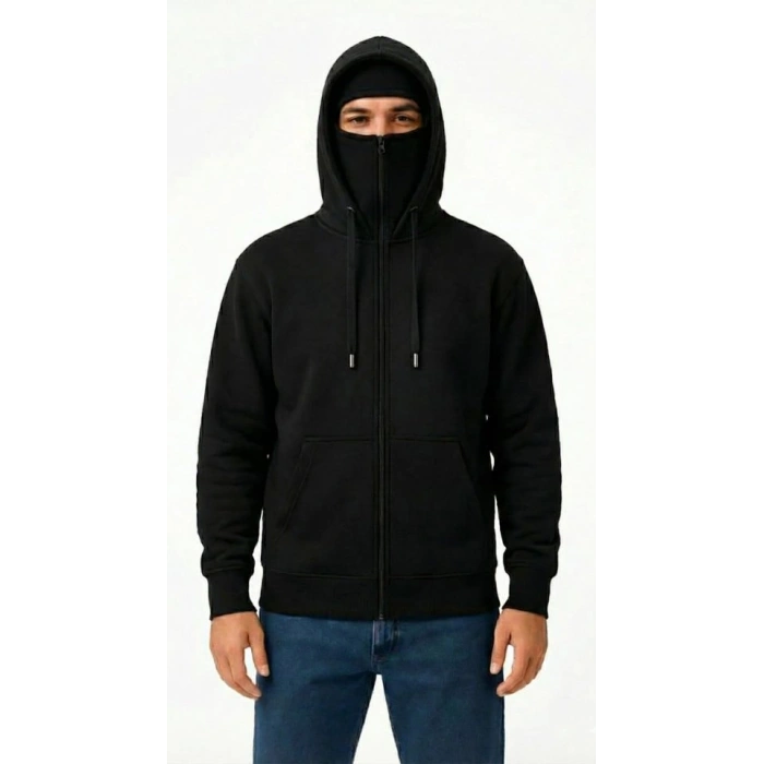 Biçomi Samuray Ninja Çift Kapüşonlu ZIP Fermuarlı Kanguru Cepli Tam Fermuarlı Hoodie Sweatshirt - Siyah