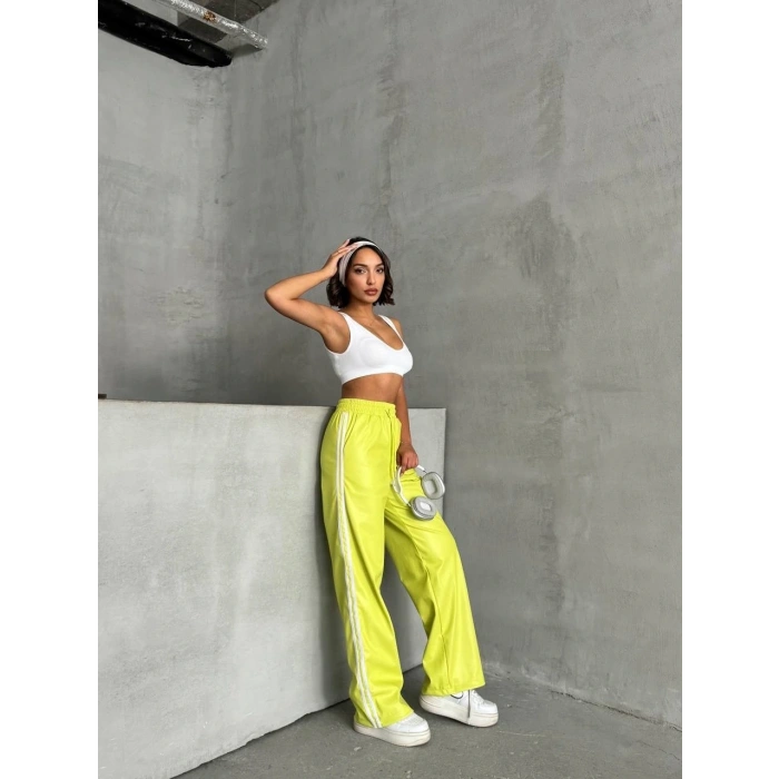 BİÇOMİ Şeritli deri pantolon yeşil h26430