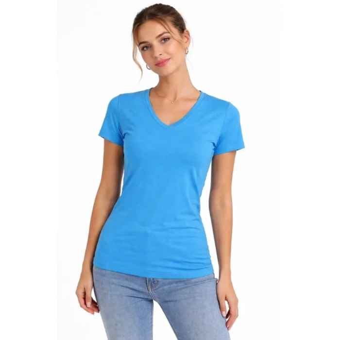 Biçomi T-Shirt V Yaka Slim Fit Likralı Tişört Günlük Basic Body - Açık Mavi