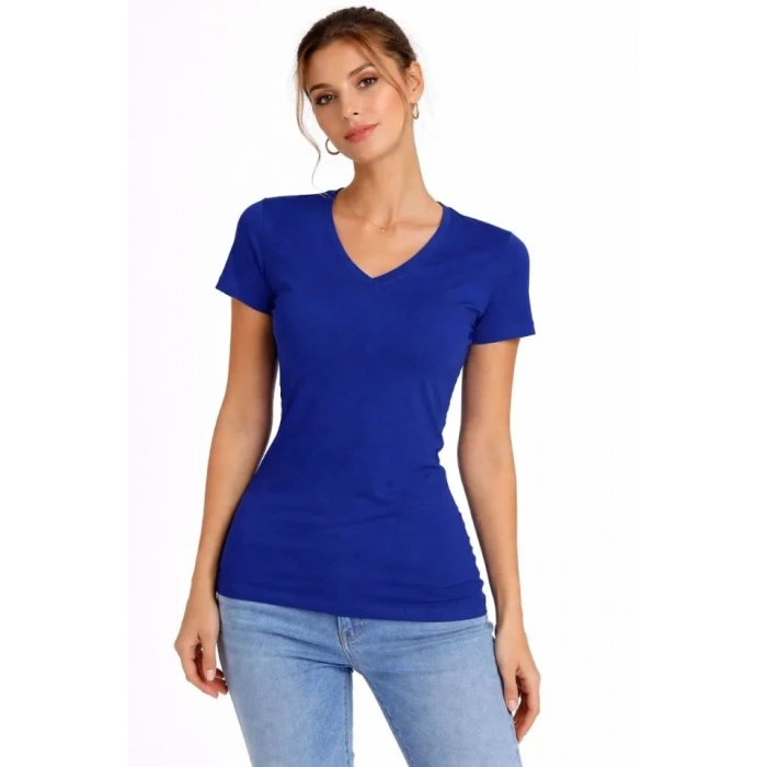 Biçomi T-Shirt V Yaka Slim Fit Likralı Tişört Günlük Basic Body - İndigo