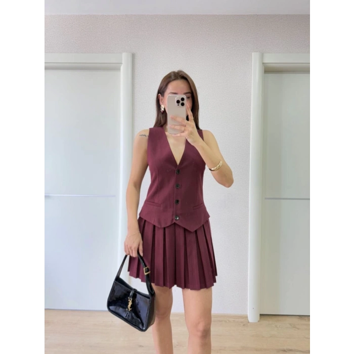 Biçomi Takım Görünümlu Yelekli Mini Elbise- Bordo
