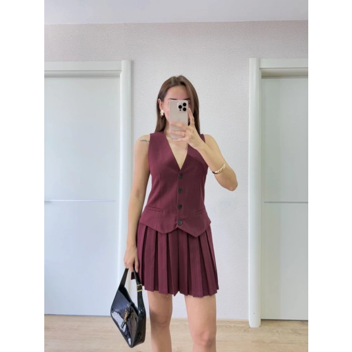 Biçomi Takım Görünümlu Yelekli Mini Elbise- Bordo