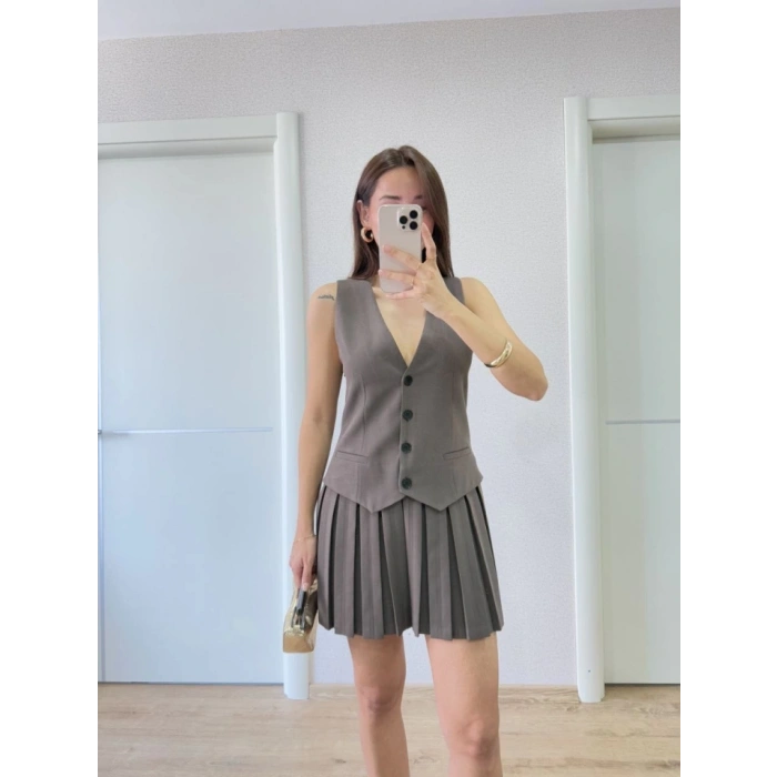 Biçomi Takım Görünümlu Yelekli Mini Elbise- Füme