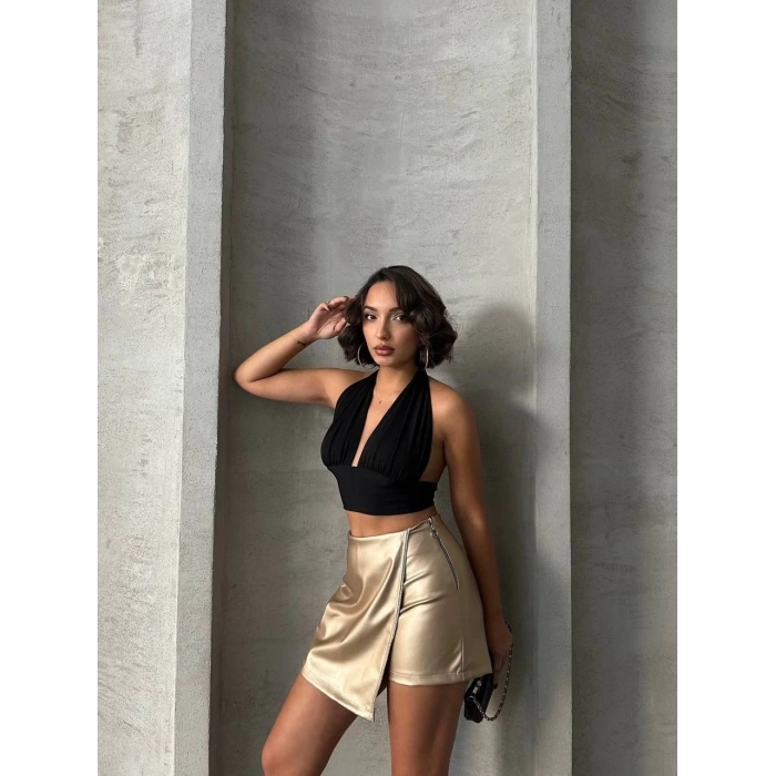 BİÇOMİ Taşlı şort etek deri gold h240018