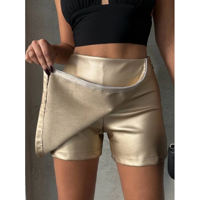 BİÇOMİ Taşlı şort etek deri gold h240018