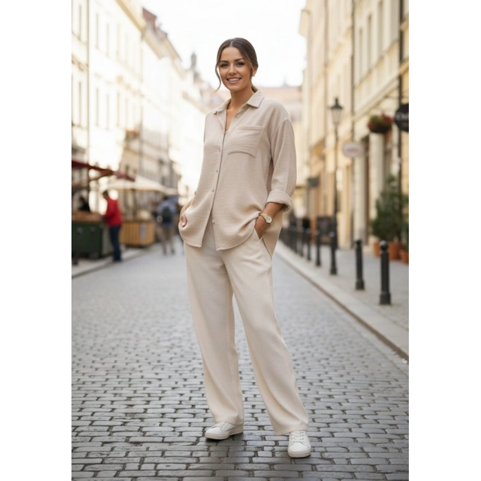 BİÇOMİ Tek cepli müslin gömlek bej pt