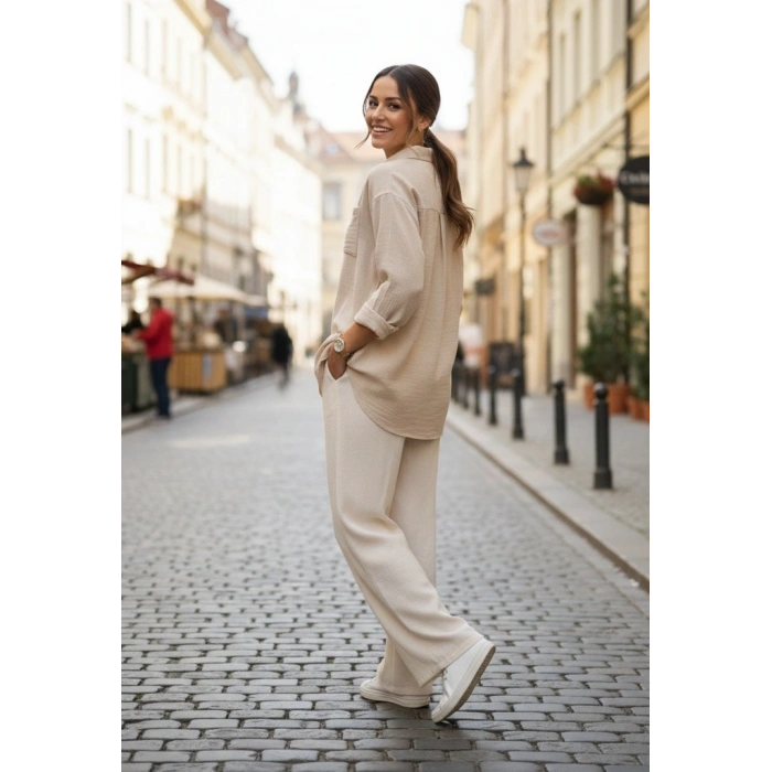 BİÇOMİ Tek cepli müslin gömlek bej pt