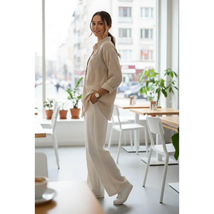 BİÇOMİ Tek cepli müslin gömlek bej pt