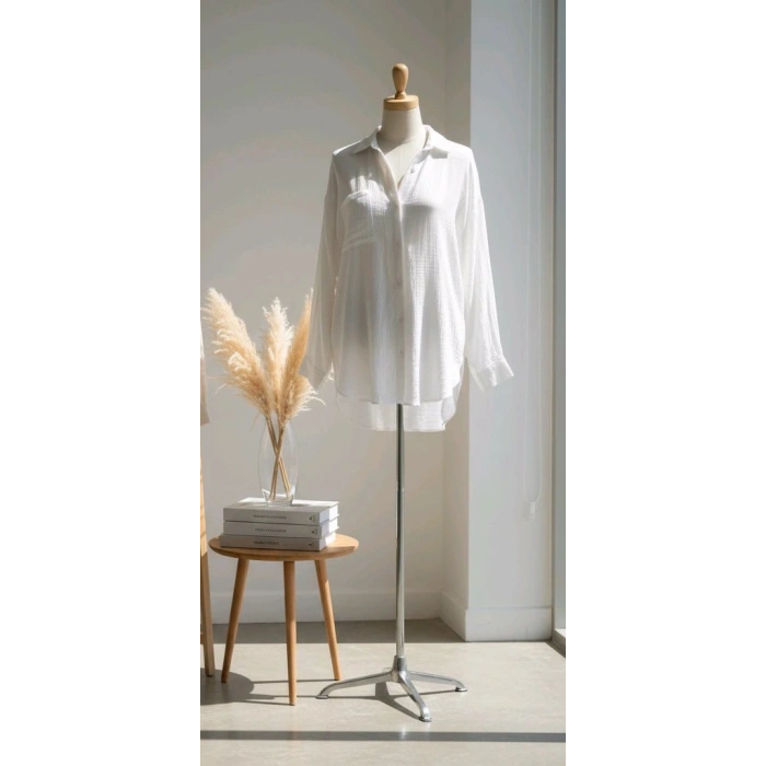 BİÇOMİ Tek cepli müslin gömlek beyaz pt