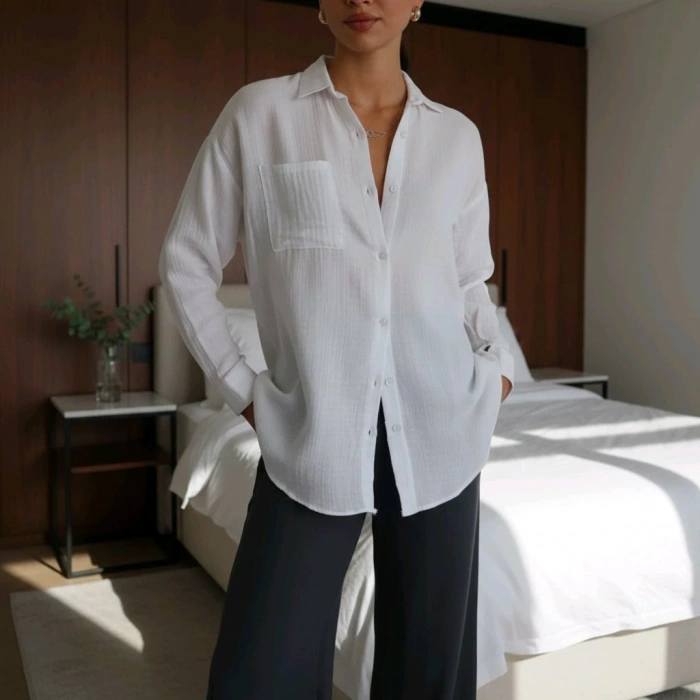 BİÇOMİ Tek cepli müslin gömlek beyaz pt