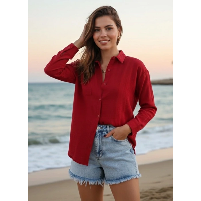 BİÇOMİ Tek cepli müslin gömlek bordo pt