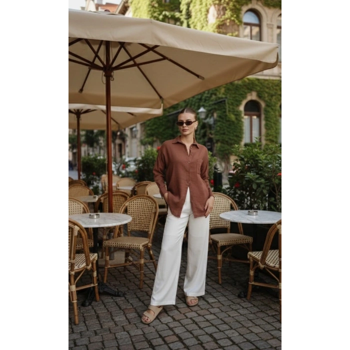 BİÇOMİ Tek cepli müslin gömlek kahve pt
