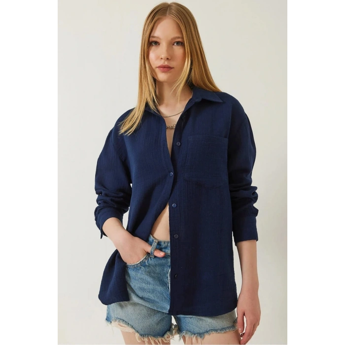 BİÇOMİ Tek cepli müslin gömlek lacivert pt