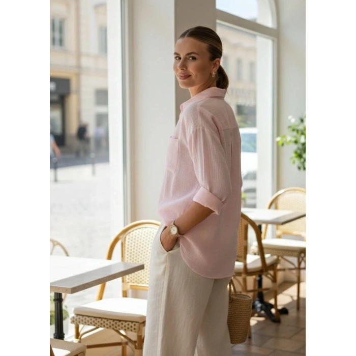 BİÇOMİ Tek cepli müslin gömlek pembe pt