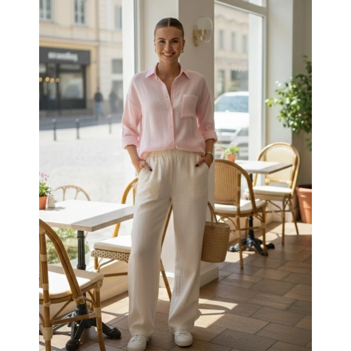 BİÇOMİ Tek cepli müslin gömlek pembe pt
