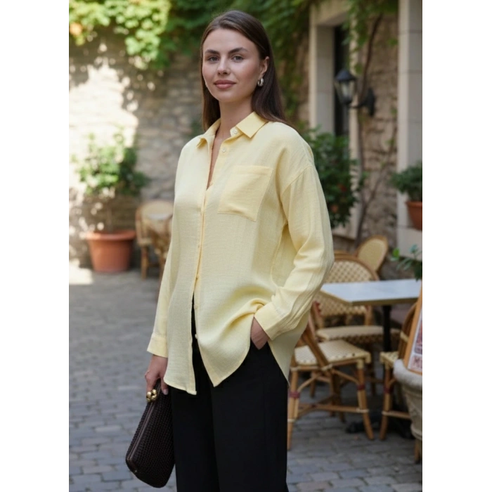 BİÇOMİ Tek cepli müslin gömlek sarı