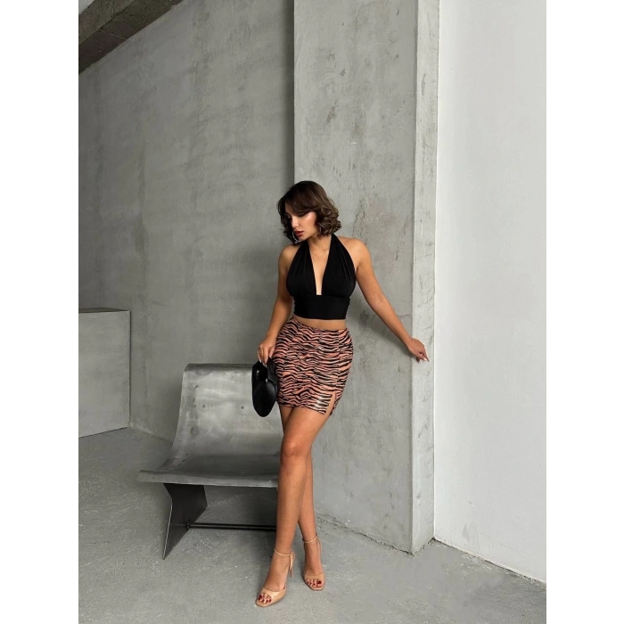 BİÇOMİ Tek yırtmaçlı zebra desenli deri etek kahvesiyah w24475-S