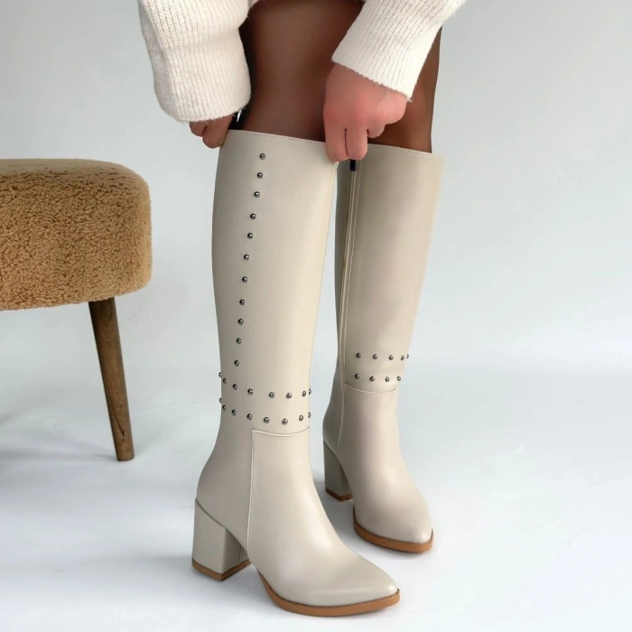 BİÇOMİ Tiyan Bej Cilt Topuklu Çizme