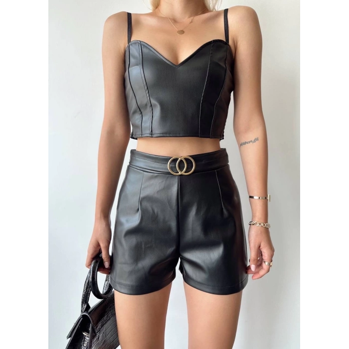 BİÇOMİ Tokalı deri şort siyah s24444