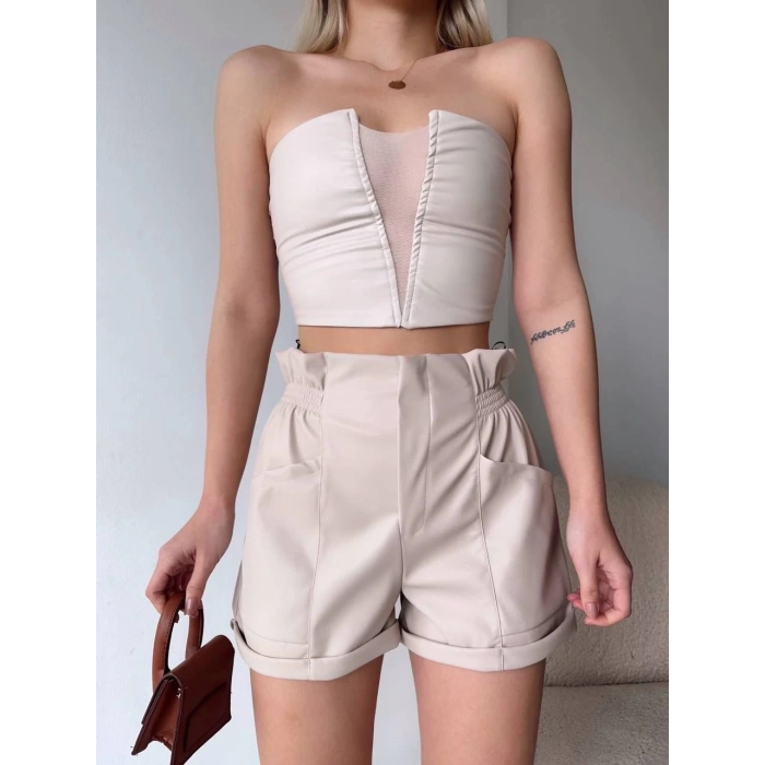 BİÇOMİ Tüllü deri crop bej w24615