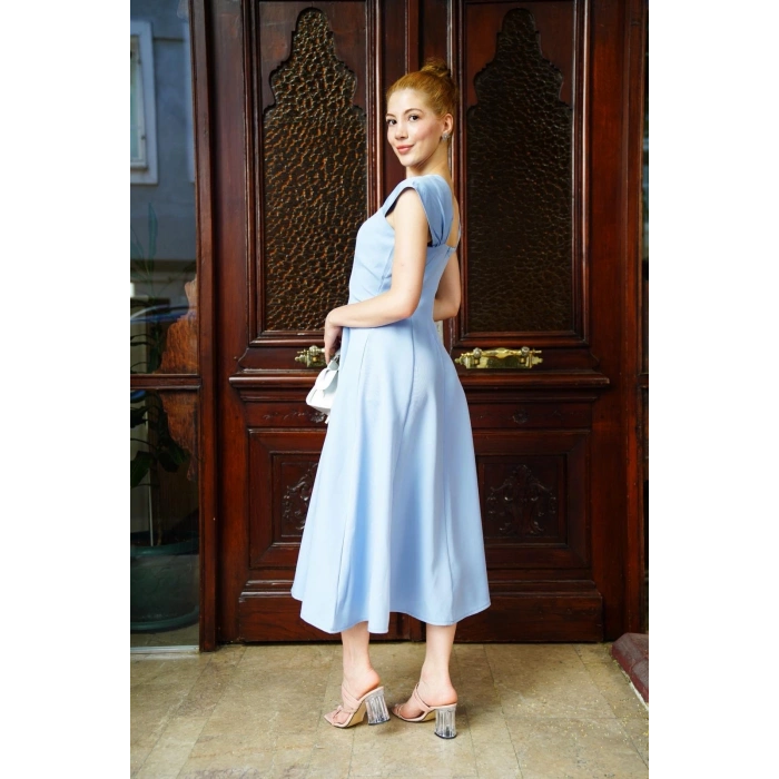 BİÇOMİ U yaka prenses elbise mavi s255101