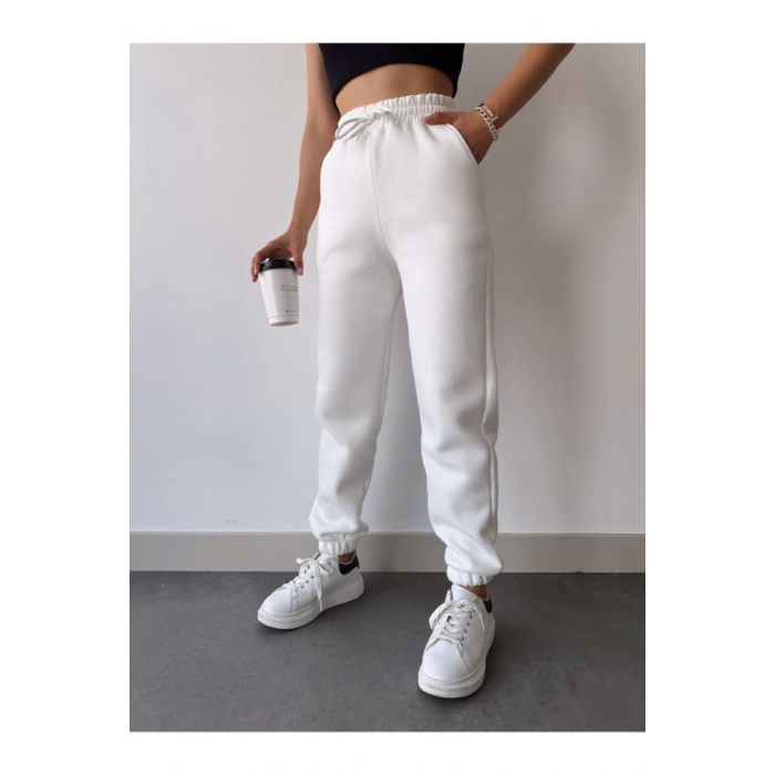 Biçomi Üç İplik Basic Lastikli Eşofman Pantolon - Beyaz