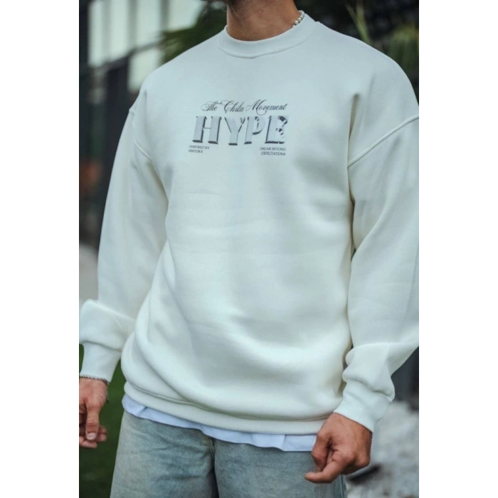 Biçomi Üç İplik Bisiklet Yaka Baskılı SweatShirt - Beyaz