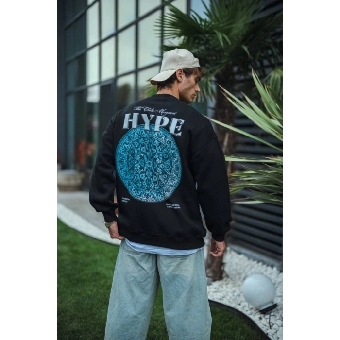 Biçomi Üç İplik Bisiklet Yaka Baskılı SweatShirt - Siyah