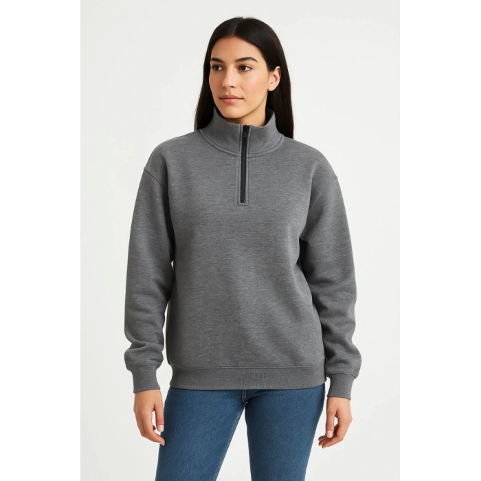 Biçomi Üç İplik Dık Yaka Yarım Fermuarlı SweatShirt - Antrasit