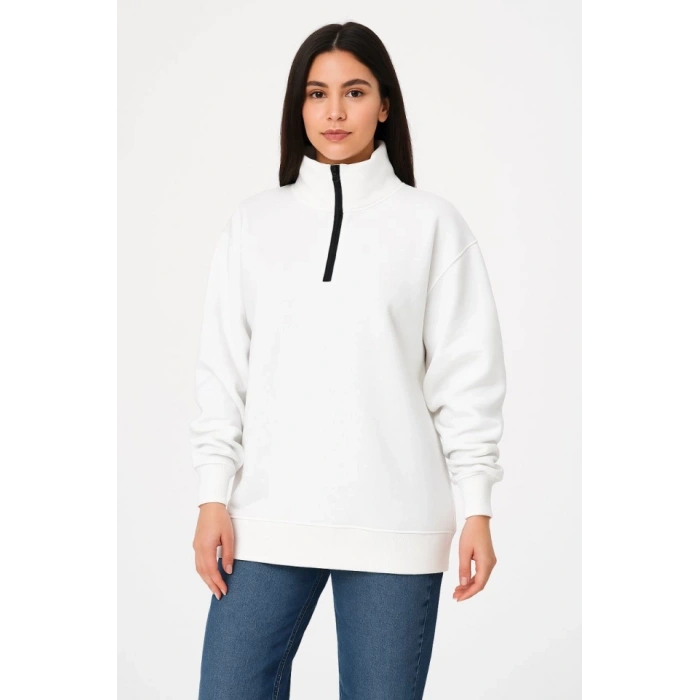 Biçomi Üç İplik Dık Yaka Yarım Fermuarlı SweatShirt - Beyaz
