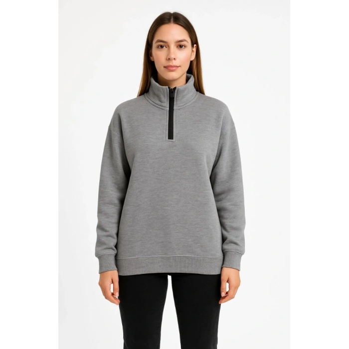 Biçomi Üç İplik Dık Yaka Yarım Fermuarlı SweatShirt - Gri
