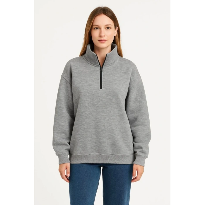 Biçomi Üç İplik Dık Yaka Yarım Fermuarlı SweatShirt - Gri