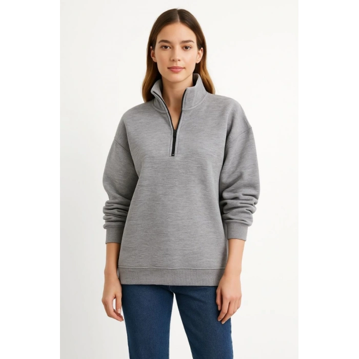 Biçomi Üç İplik Dık Yaka Yarım Fermuarlı SweatShirt - Gri