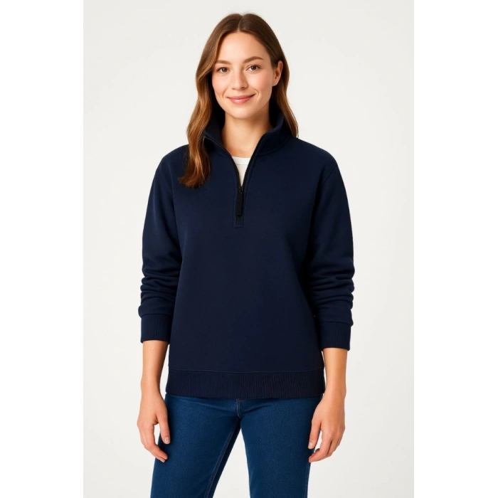 Biçomi Üç İplik Dık Yaka Yarım Fermuarlı SweatShirt - Lacivert
