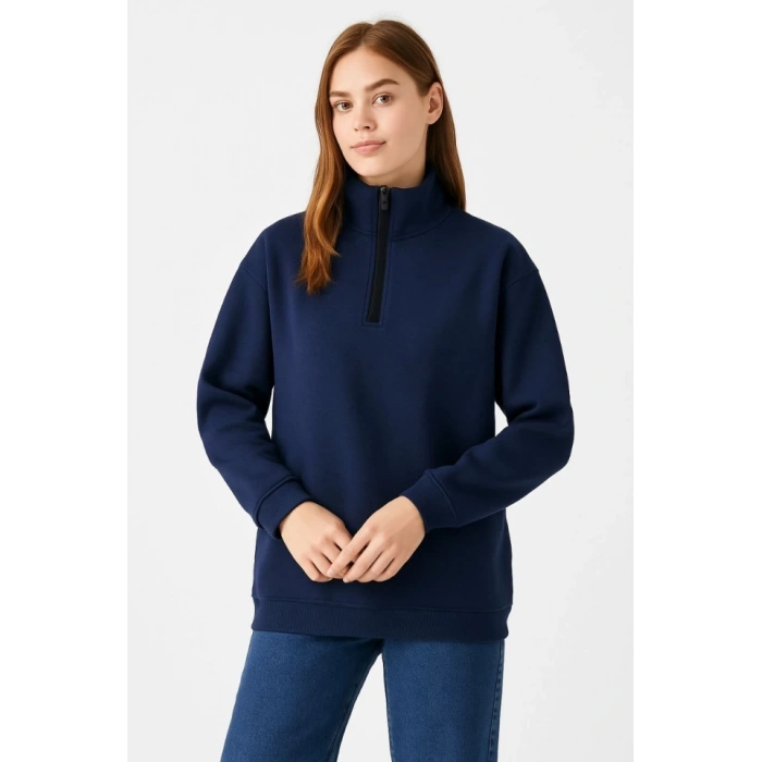 Biçomi Üç İplik Dık Yaka Yarım Fermuarlı SweatShirt - Lacivert