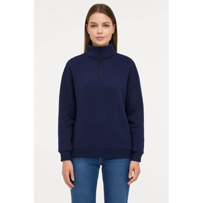 Biçomi Üç İplik Dık Yaka Yarım Fermuarlı SweatShirt - Lacivert