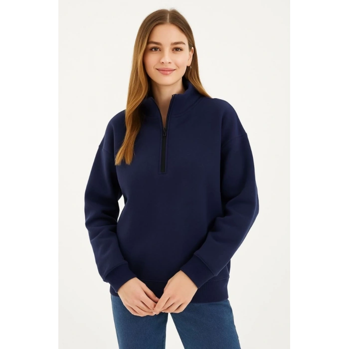 Biçomi Üç İplik Dık Yaka Yarım Fermuarlı SweatShirt - Lacivert