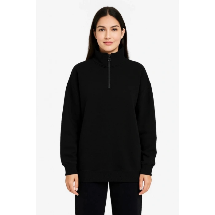 Biçomi Üç İplik Dık Yaka Yarım Fermuarlı SweatShirt - Siyah