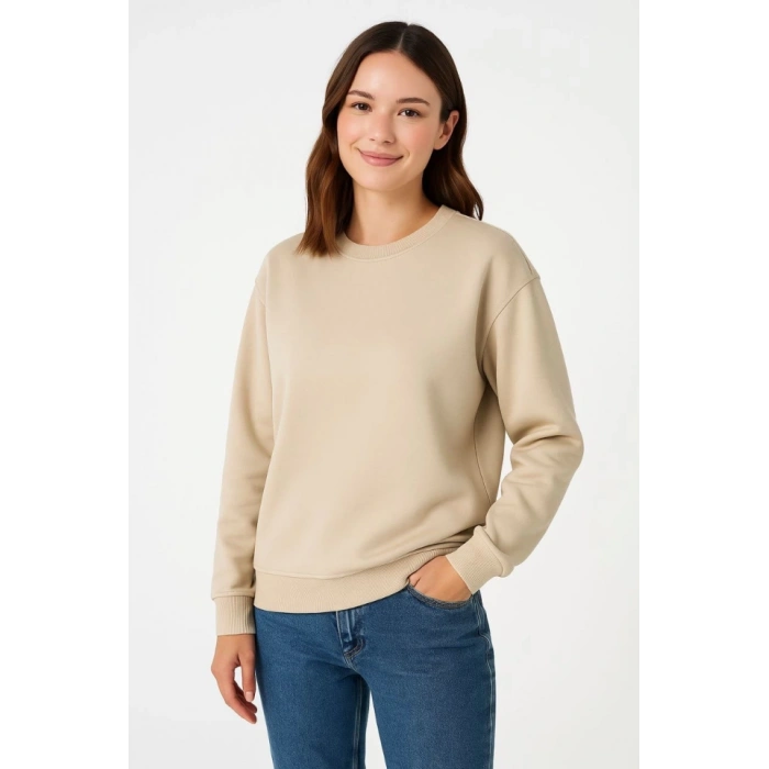 Biçomi Üç İplik Düz Bisiklet Yaka SweatShirt - Bej