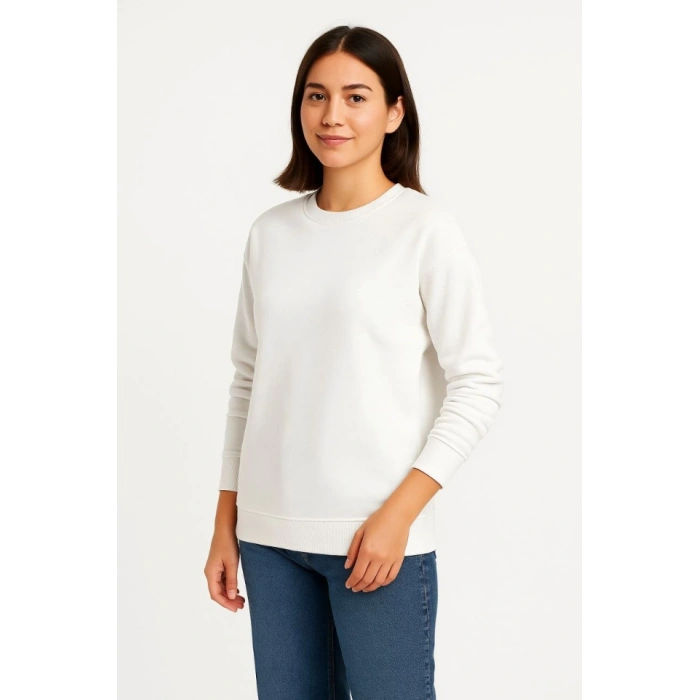 Biçomi Üç İplik Düz Bisiklet Yaka SweatShirt - Beyaz